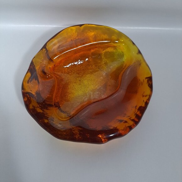 Blenko Free Form Ashtray 6.5"x 2"  Amber Art Glass Heavy Modernist Amoeba Blob - Picture 5 of 16